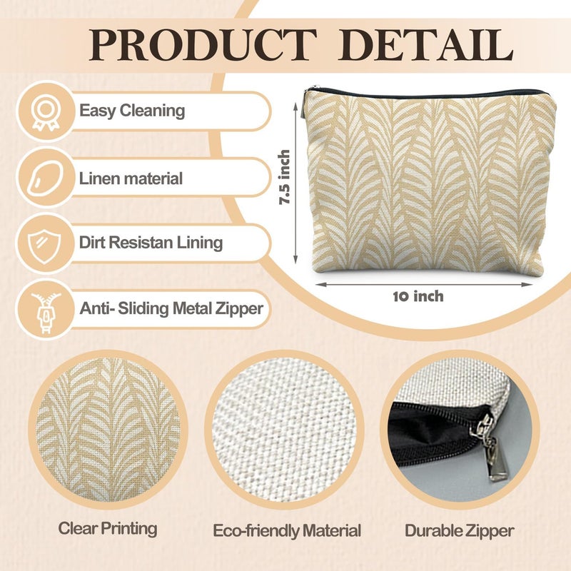 RYYCDOI Boho Beige Leaf Makeup Bag, Neutral Block Print Leaves Cosmetic Bags for Women, Minimalist Beige Botanical Zipper Makeup Pouch - Image 2